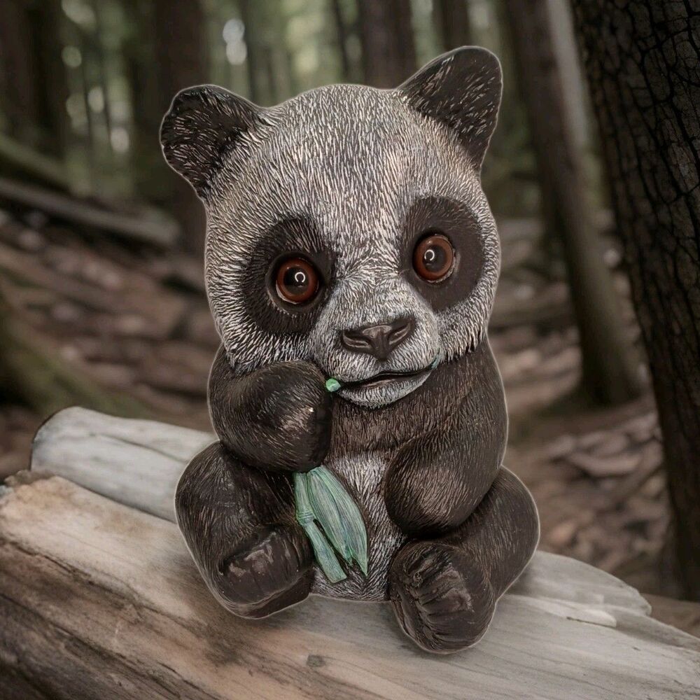 Hand Painted Ceramic Panda Figurine with Bamboo Lifelike Baby Bear Statue